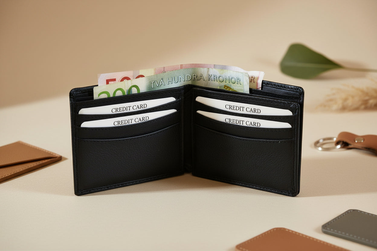 Black wallet with money and credit cards on a light gray background
