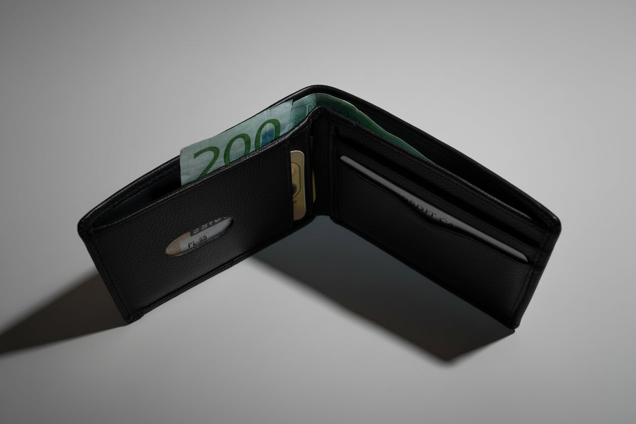 Black wallet with a 200 kr bill inside on a gray background